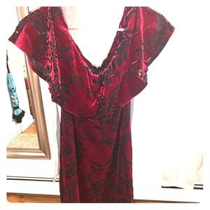 Red and black off the shoulder suede mini dress